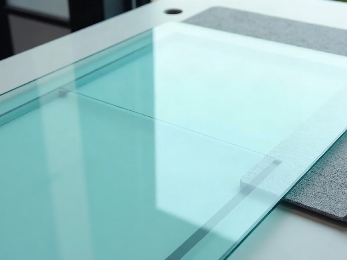 Clear glass scored in a straight line on a felt cutting bench