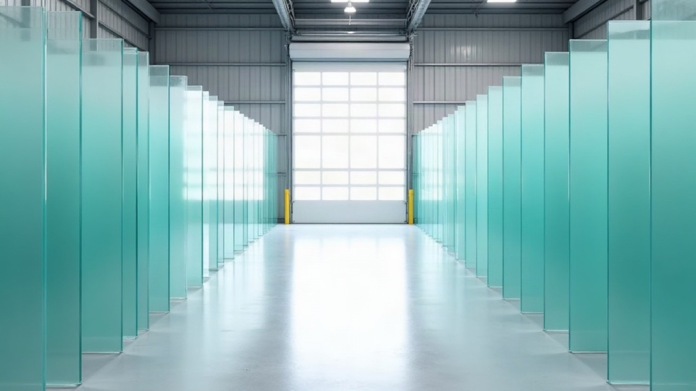 Vertical racks of clear, tinted, and mirrored glass sheets